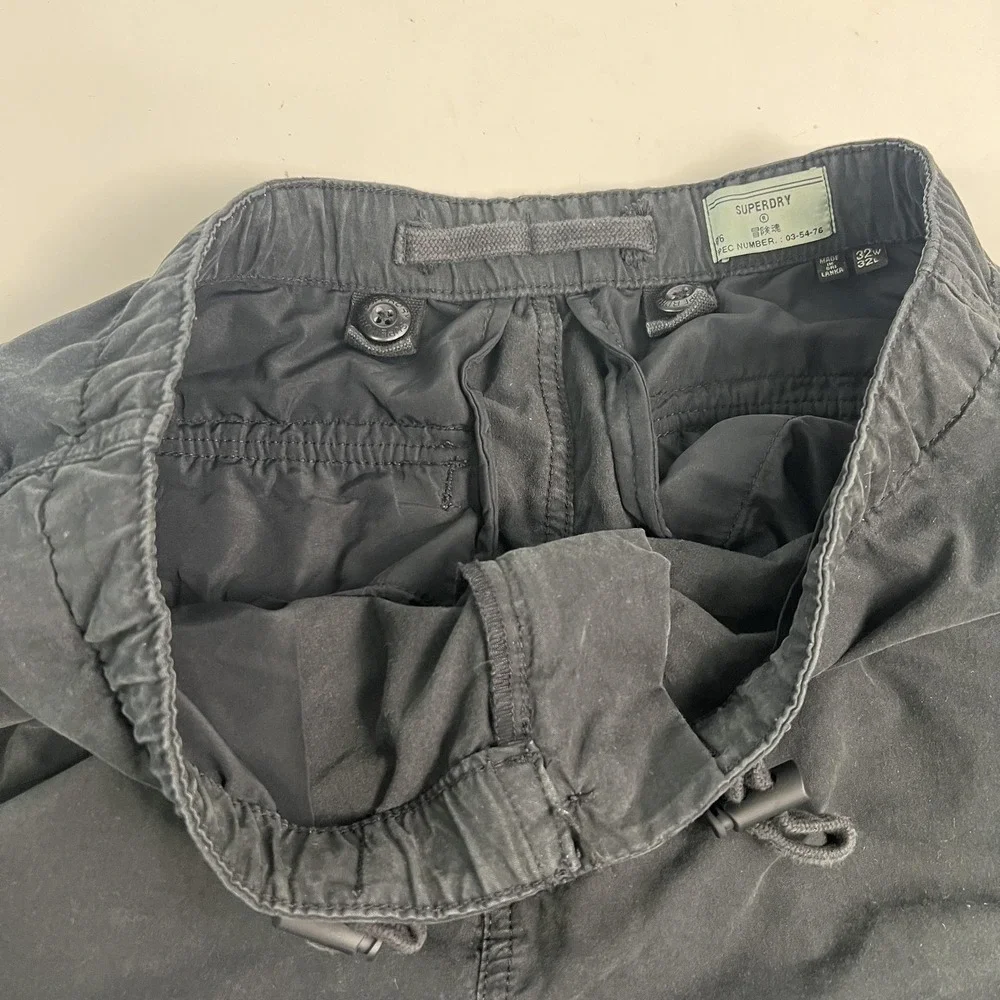 Superdry Ripstop Pants Mens 32x32 Black Cargo Elastic Waist Drawstring Workwear